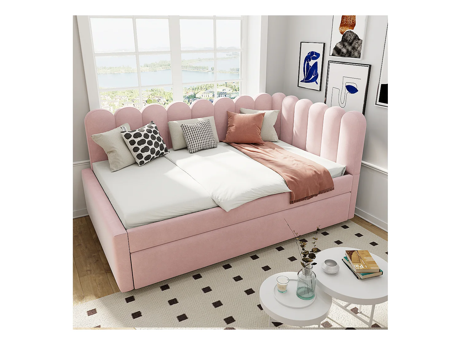 Slaapbank 140x200 cm - met opbergbed - fluweel - roze (matras niet inbegrepen)