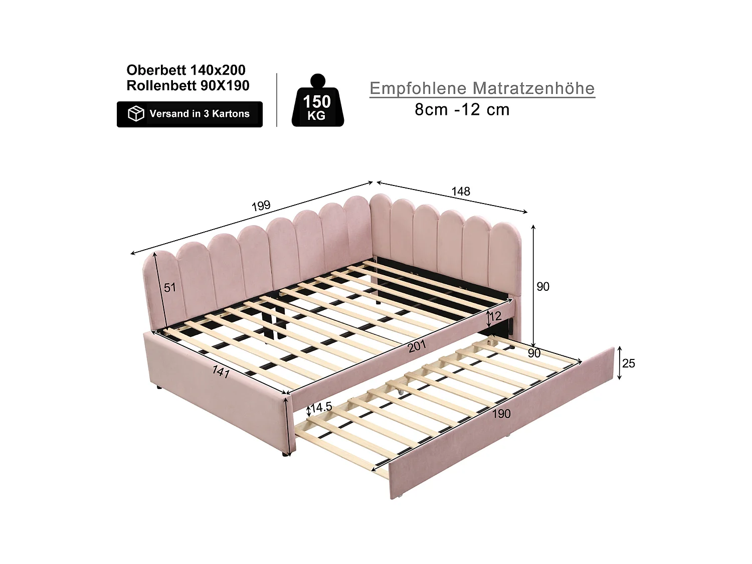 Slaapbank 140x200 cm - met opbergbed - fluweel - roze (matras niet inbegrepen)
