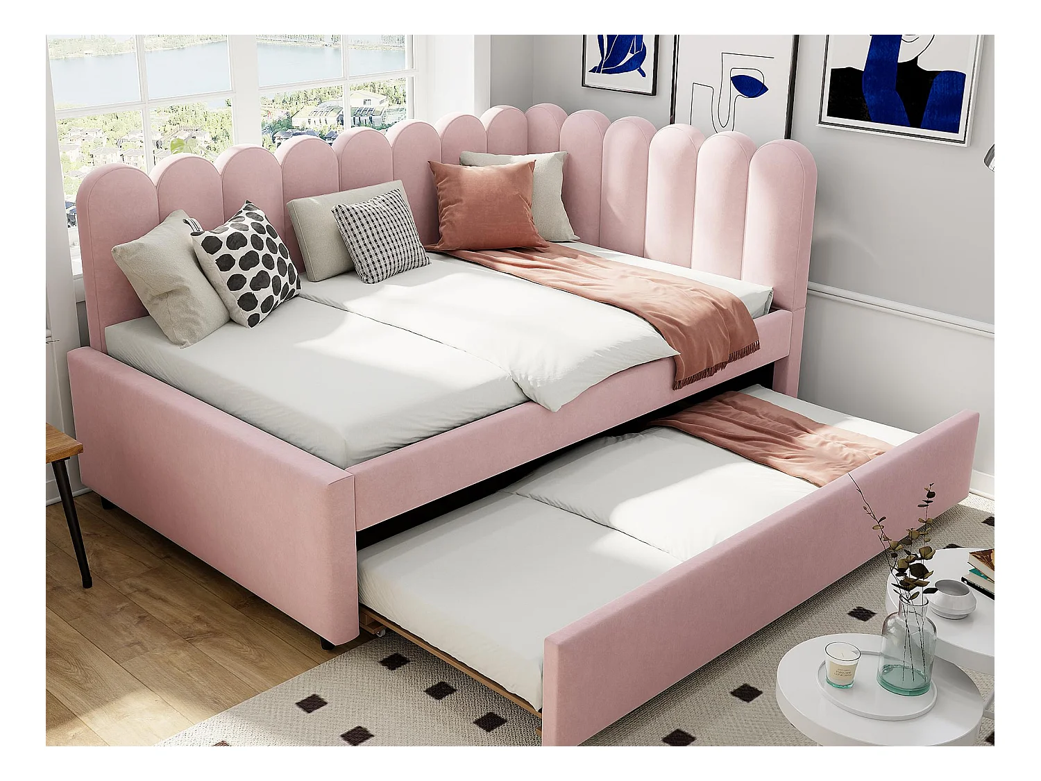 Canapé-lit 140x200cm - avec lit gigogne - velours - rose (matelas non inclus)