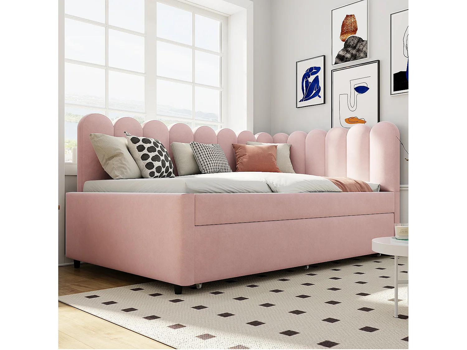 Schlafsofa 140x200 cm - mit Ausziehbett - Samt - rosa (Matratze nicht im Lieferumfang enthalten)