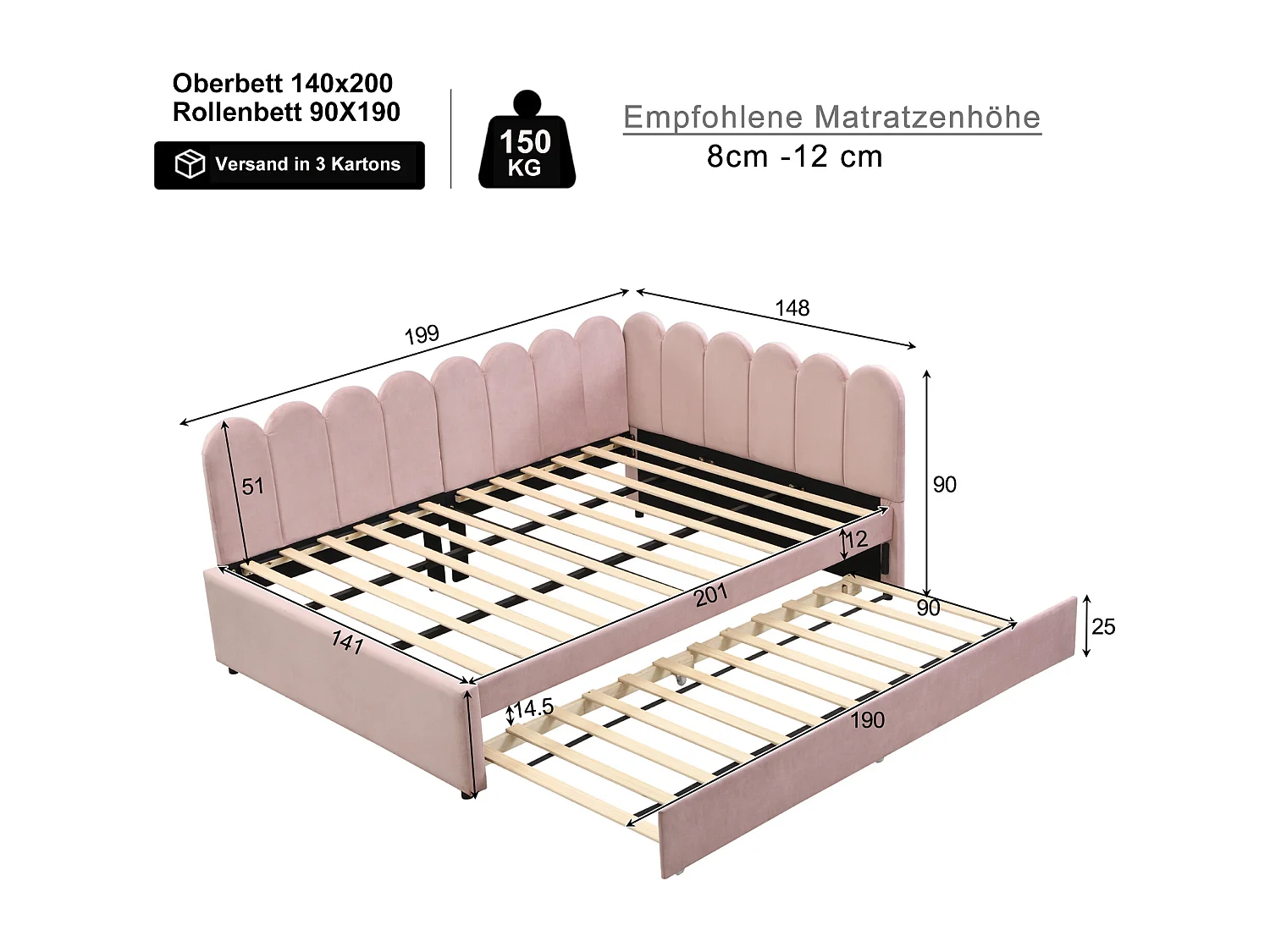 Schlafsofa 140x200 cm - mit Ausziehbett - Samt - rosa (Matratze nicht im Lieferumfang enthalten)