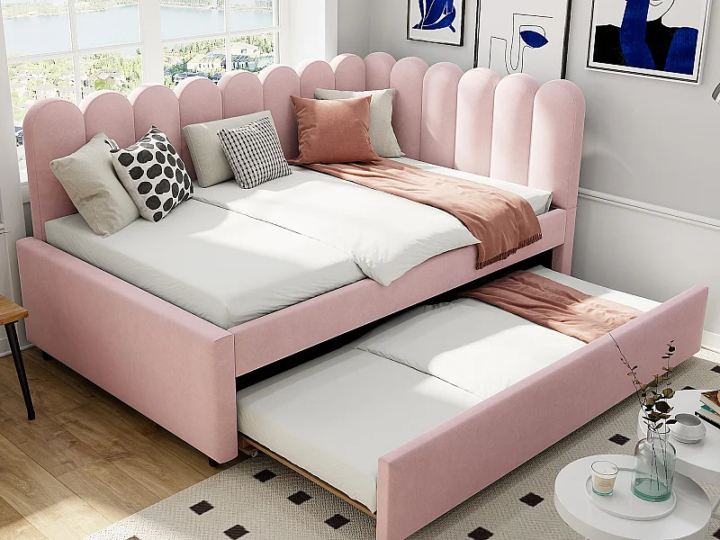 Sofá-cama 140x200 cm - com cama articulada - veludo - rosa (colchão não incluído)
