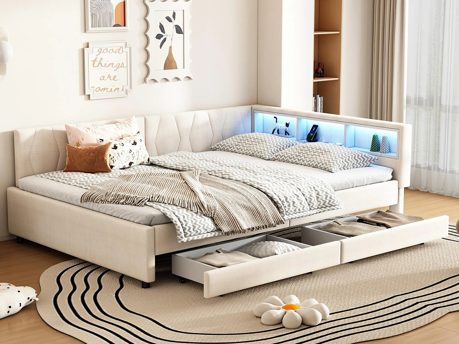 Canapé-lit 140x200cm - avec 2 tiroirs - avec USB + Type C - avec lumière LED - beige (matelas non inclus)