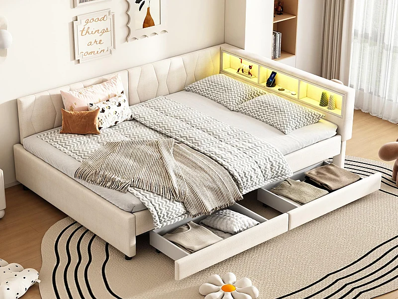 Divano letto 140x200 cm - con 2 cassetti - con porte USB + Type C - con illuminazione LED - beige (materasso non incluso)