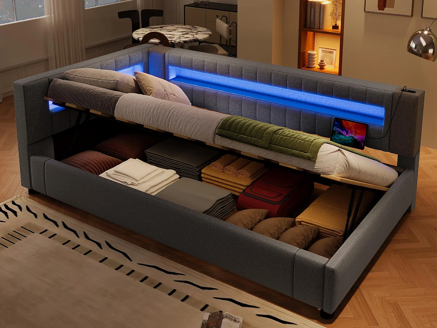 Canapé-lit coffre 90x200cm - avec bande lumineuse LED - avec USB + TYPE-C - lin - gris (sans matelas)