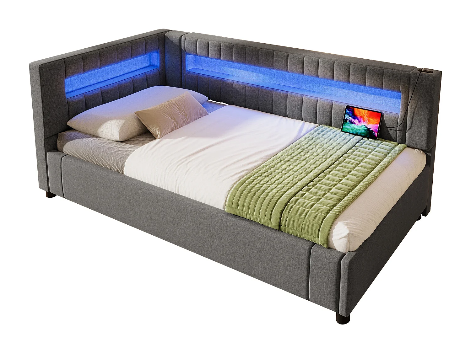 Canapé-lit coffre 90x200cm - avec bande lumineuse LED - avec USB + TYPE-C - lin - gris (sans matelas)