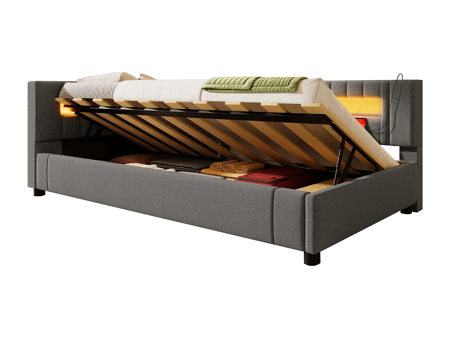 Slaapbank met opbergruimte 90x200 cm - met LED-lichtstrip - met USB- + TYPE-C-aansluitingen - linnen - grijs (zonder matras)