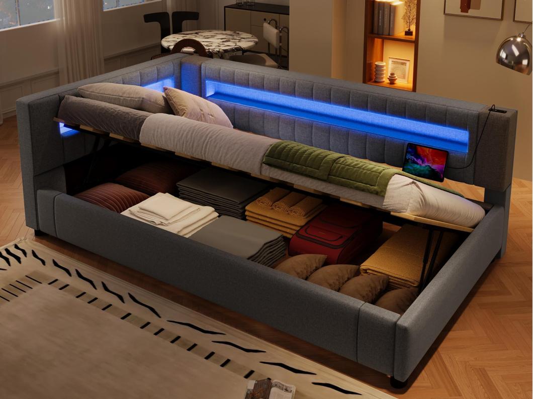 Divano letto a contenitore 90x200 cm - con striscia luminosa LED - con porte USB + TYPE-C - lino - grigio (senza materasso)