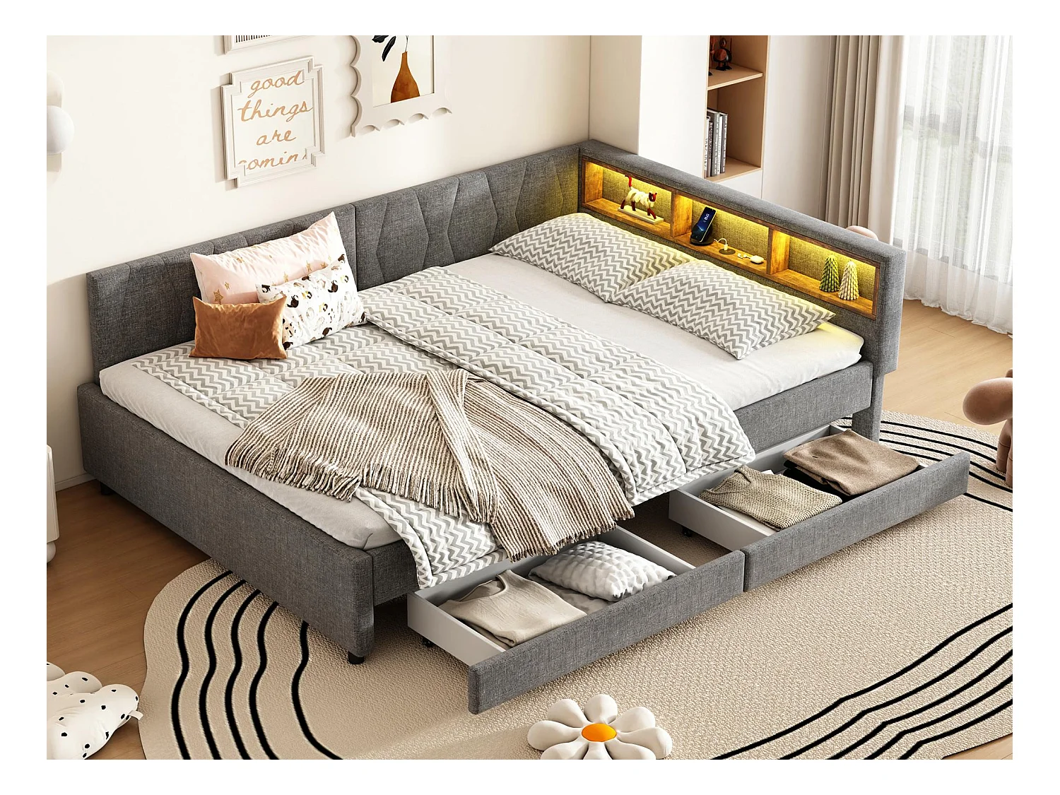 Canapé-lit 140x200cm - avec 2 tiroirs - avec USB + Type C - avec lumière LED - gris (matelas non inclus)