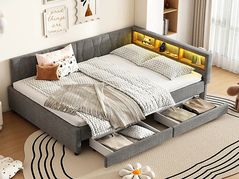 Canapé-lit 140x200cm - avec 2 tiroirs - avec USB + Type C - avec lumière LED - gris (matelas non inclus)