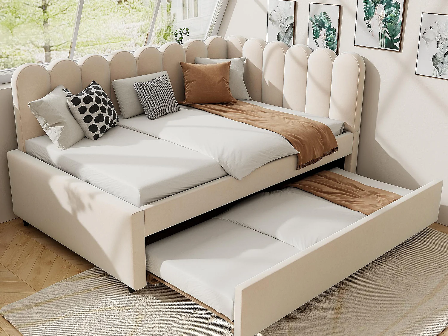 Canapé-lit 140x200cm - avec lit gigogne - velours - beige (matelas non inclus)
