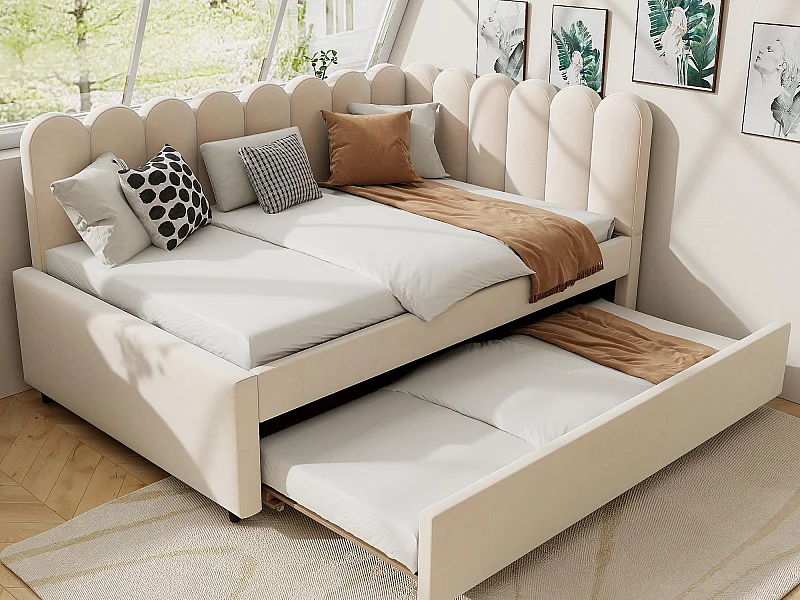 Canapé-lit 140x200cm - avec lit gigogne - velours - beige (matelas non inclus)