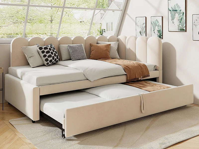 Canapé-lit 90x200cm - avec lit gigogne - velours - beige (matelas non inclus)