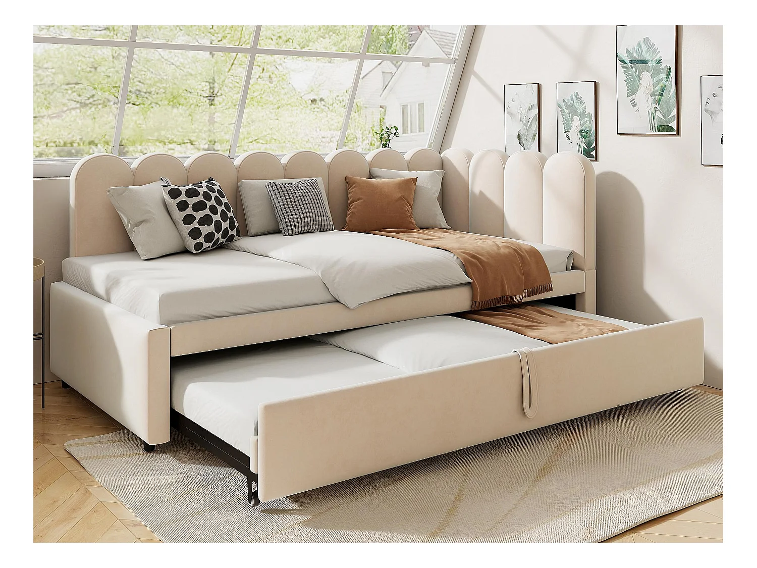 Canapé-lit 90x200cm - avec lit gigogne - velours - beige (matelas non inclus)