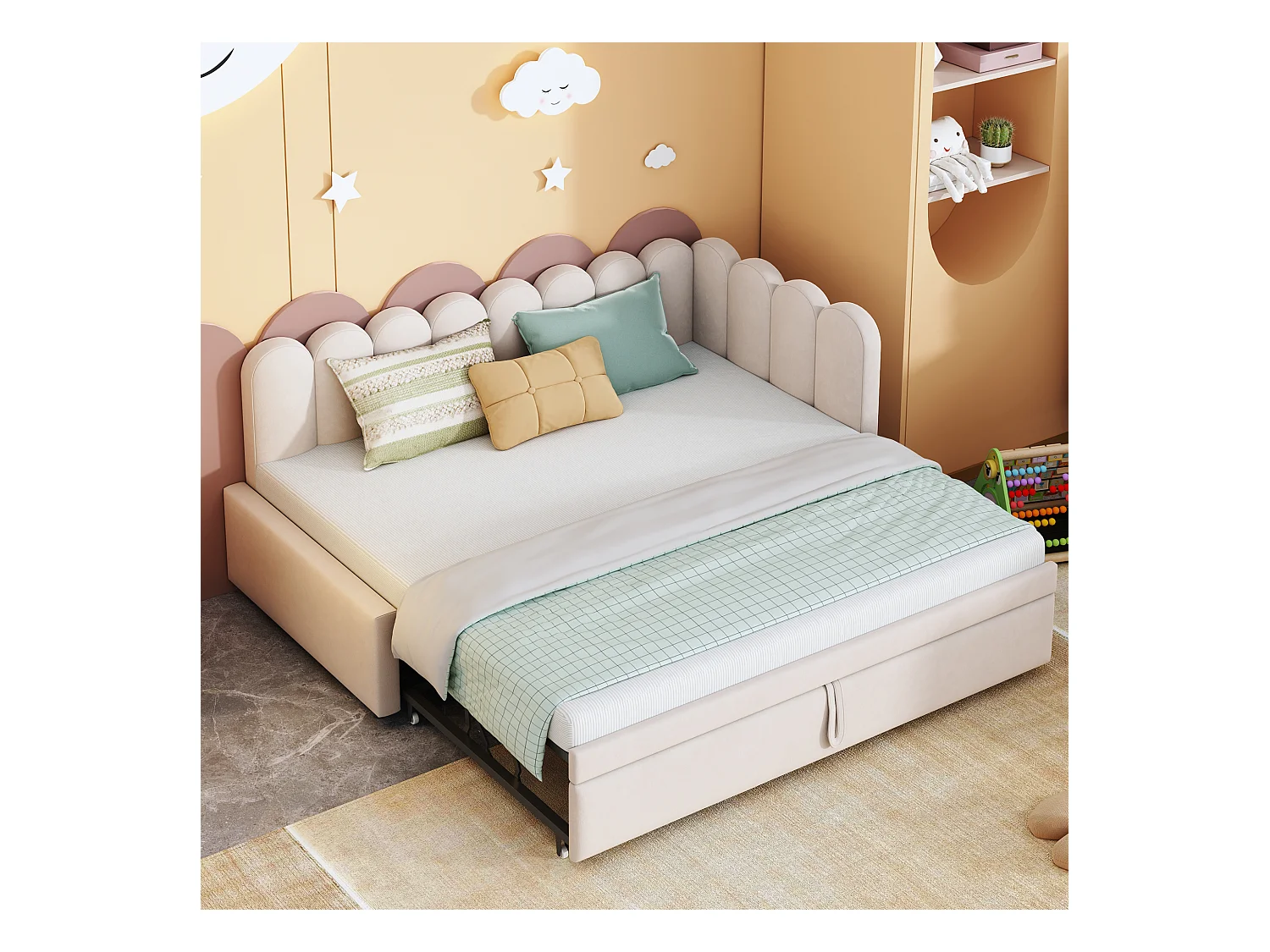 Canapé-lit 90x200cm - avec lit gigogne - velours - beige (matelas non inclus)