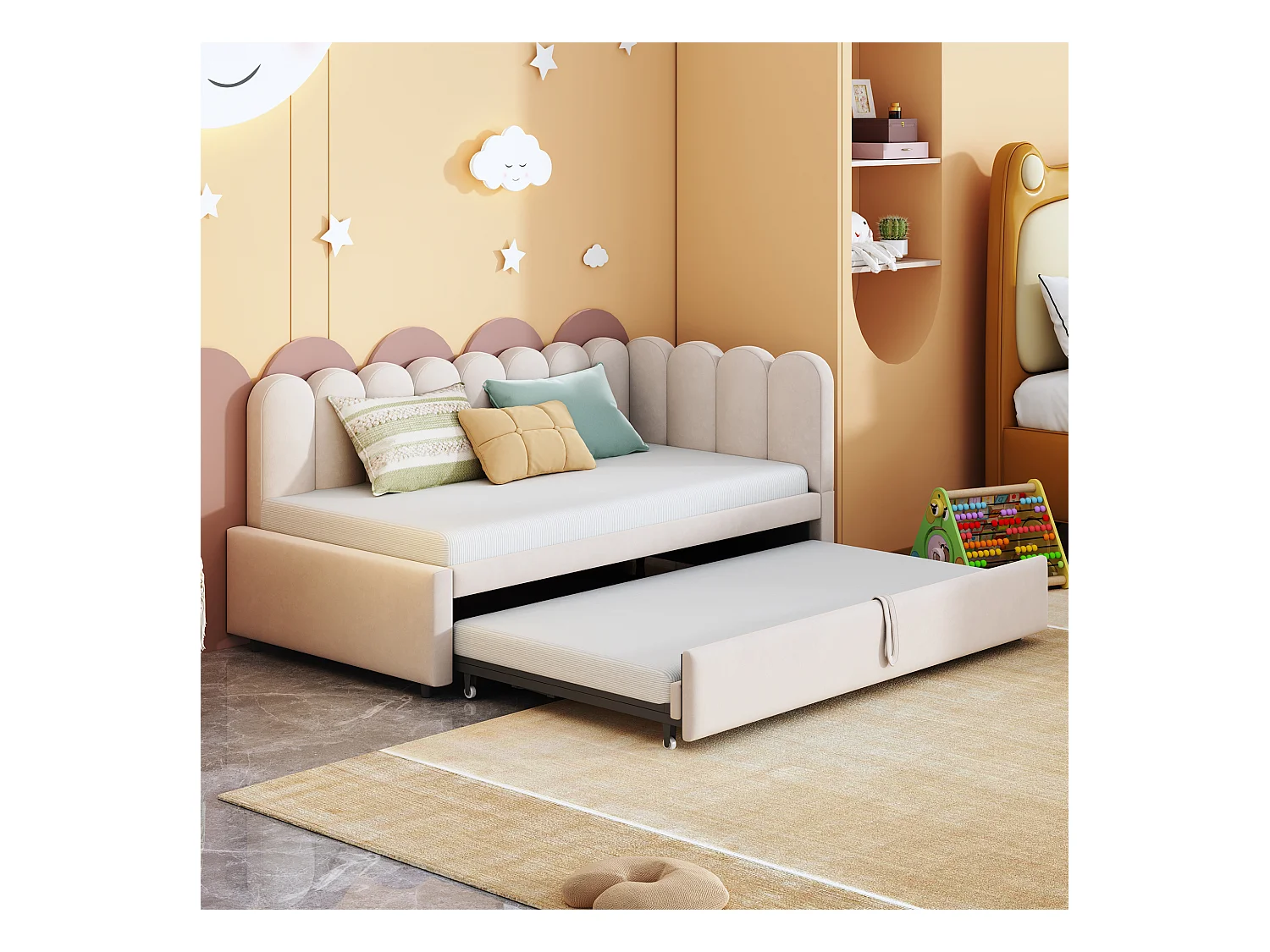 Canapé-lit 90x200cm - avec lit gigogne - velours - beige (matelas non inclus)
