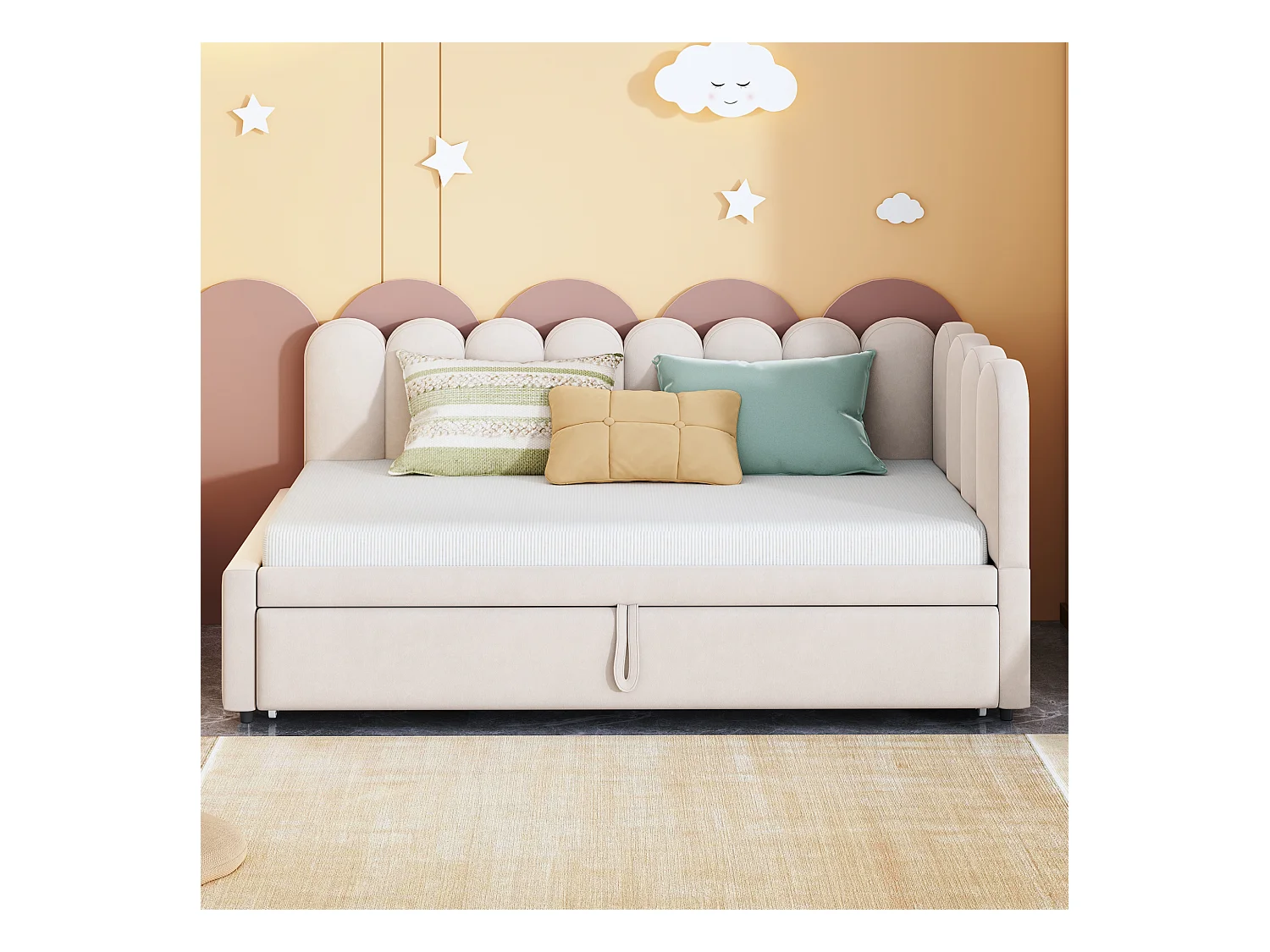 Canapé-lit 90x200cm - avec lit gigogne - velours - beige (matelas non inclus)