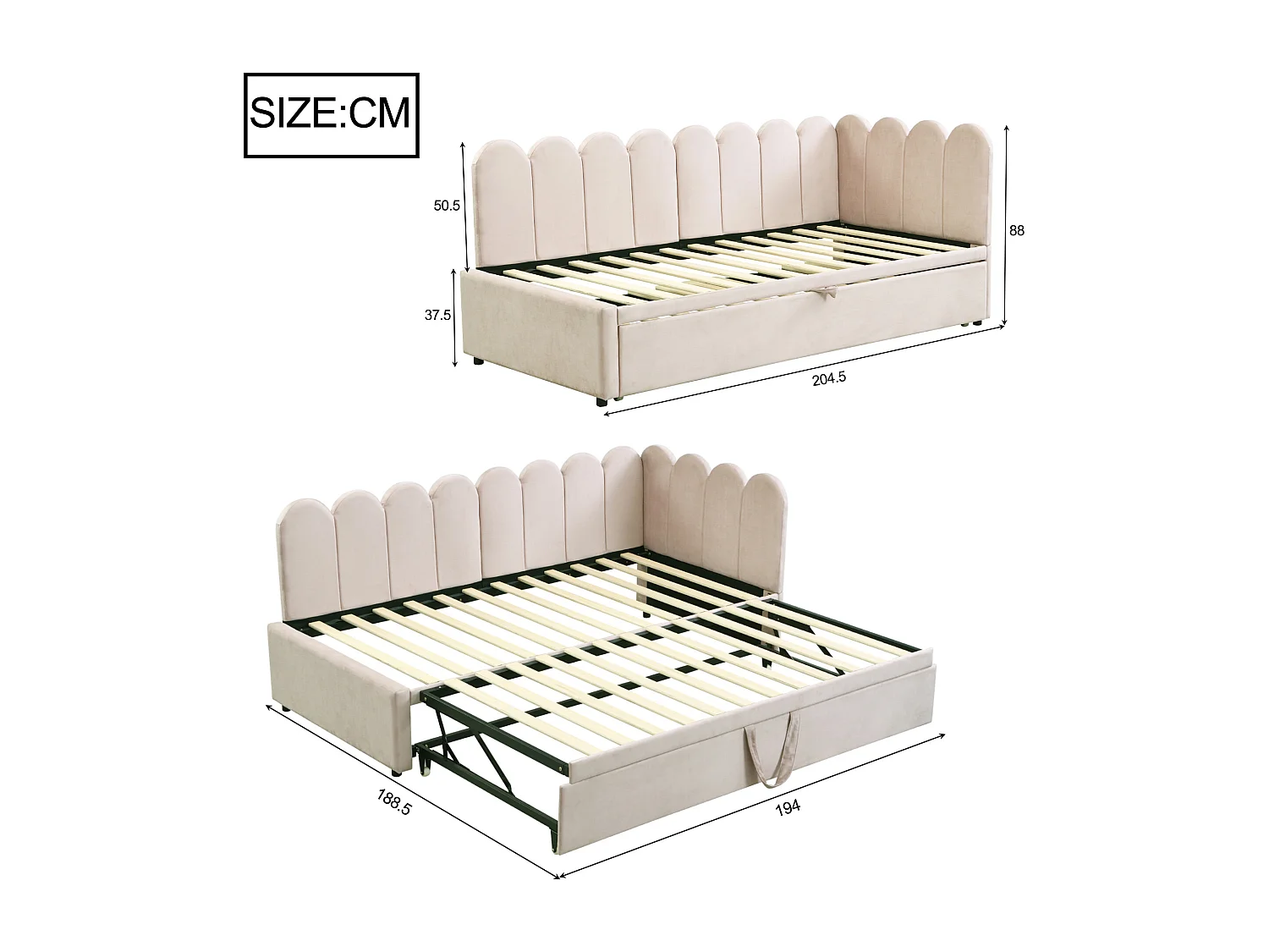 Canapé-lit 90x200cm - avec lit gigogne - velours - beige (matelas non inclus)