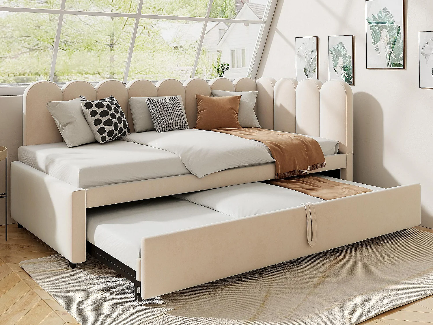 Canapé-lit 90x200cm - avec lit gigogne - velours - beige (matelas non inclus)