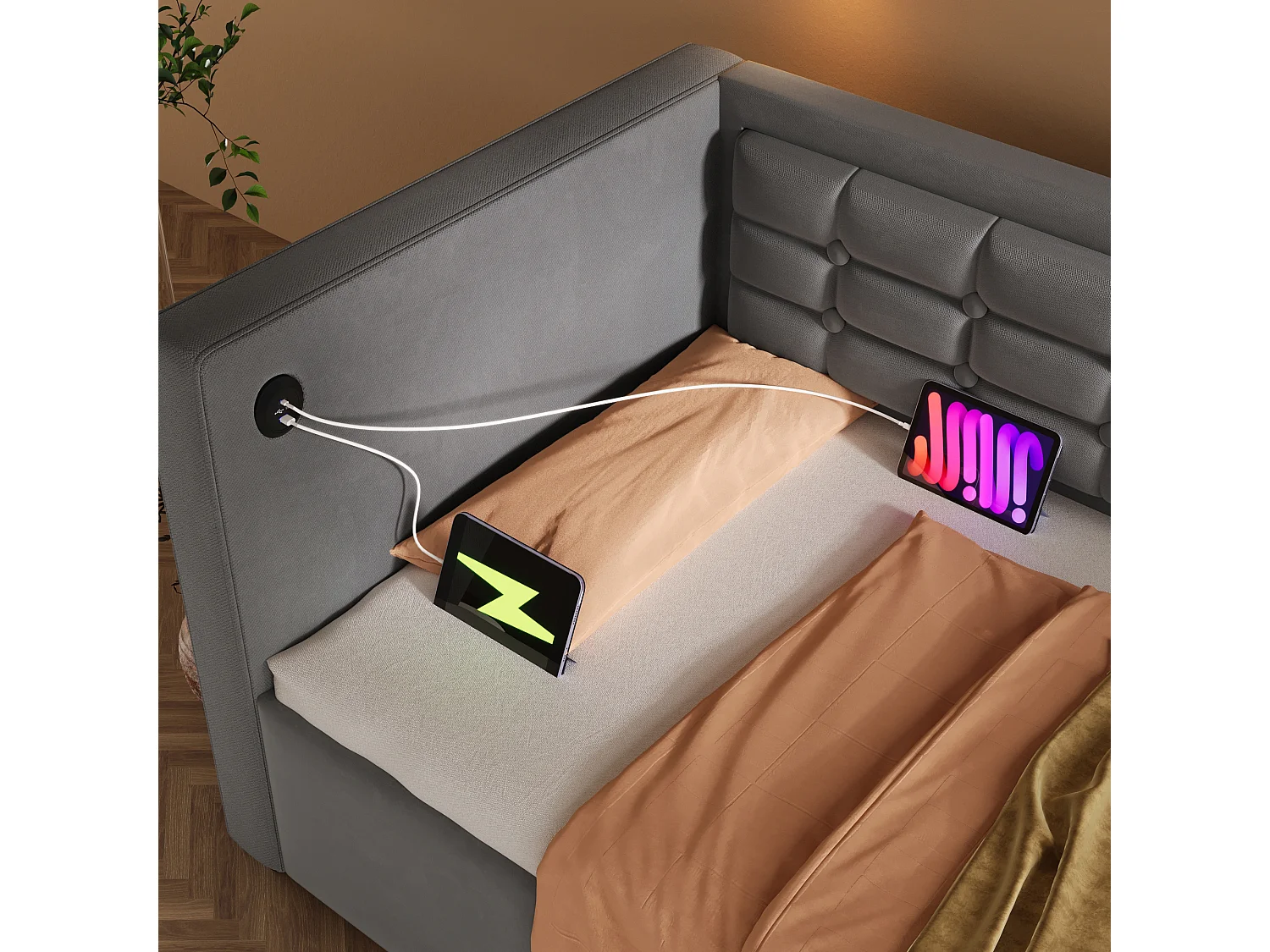 Lit banquette rembourré 90x190 cm - avec espace de rangement - avec USB et Type-C - velours - Gris