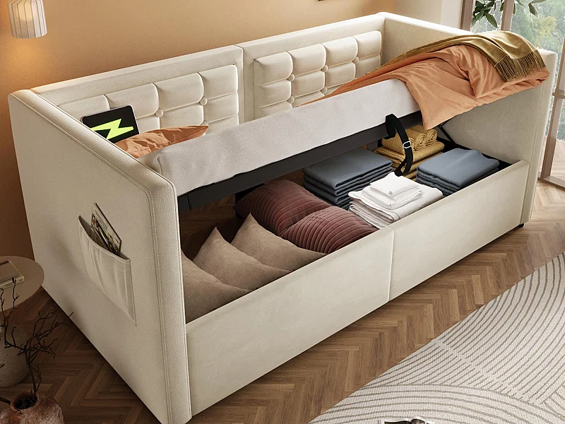 Tapicerowana sofa 90x200 cm - z przestrzenią do przechowywania - z portami USB i Type-C - Welur - Beżowy