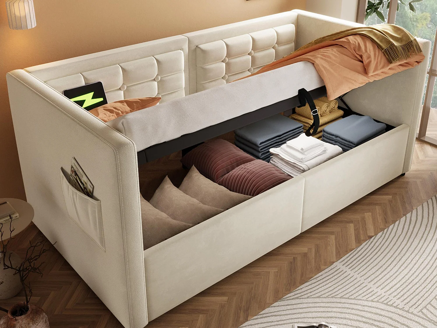 Tapicerowana sofa 90x200 cm - z przestrzenią do przechowywania - z portami USB i Type-C - Welur - Beżowy