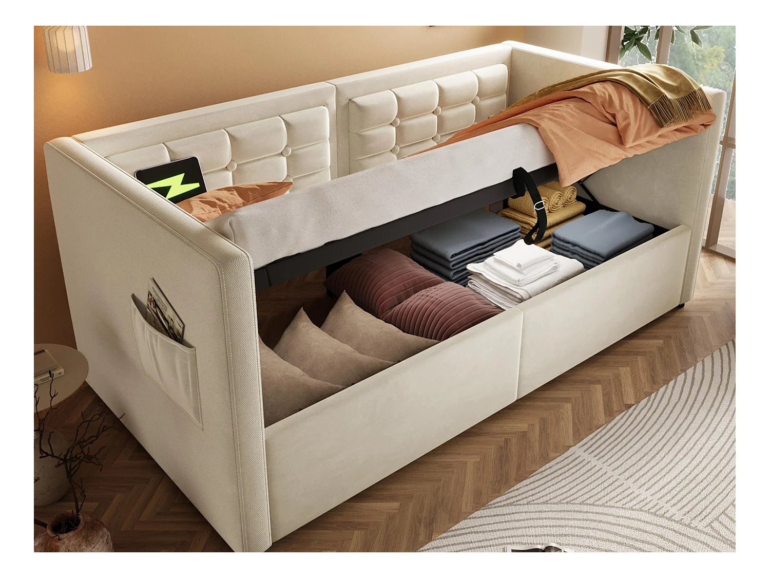 Lit banquette rembourré 90x200 cm - avec espace de rangement - avec USB et Type-C - velours - Beige