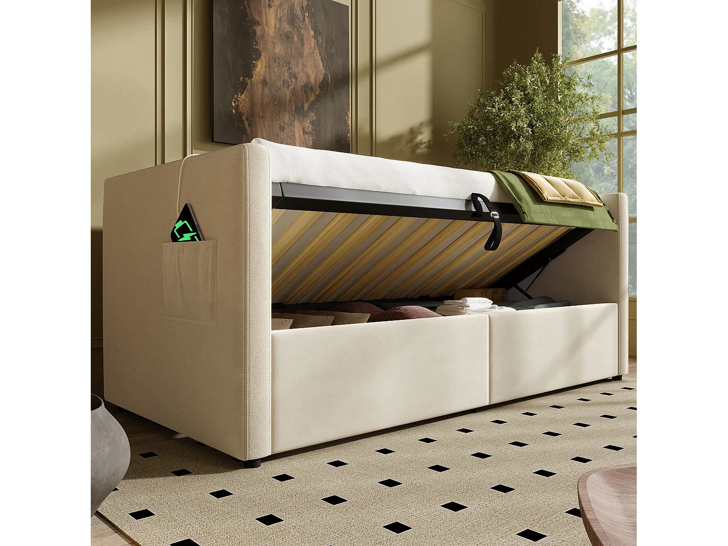 Lit banquette rembourré 90x200 cm - avec espace de rangement - avec USB et Type-C - velours - Beige