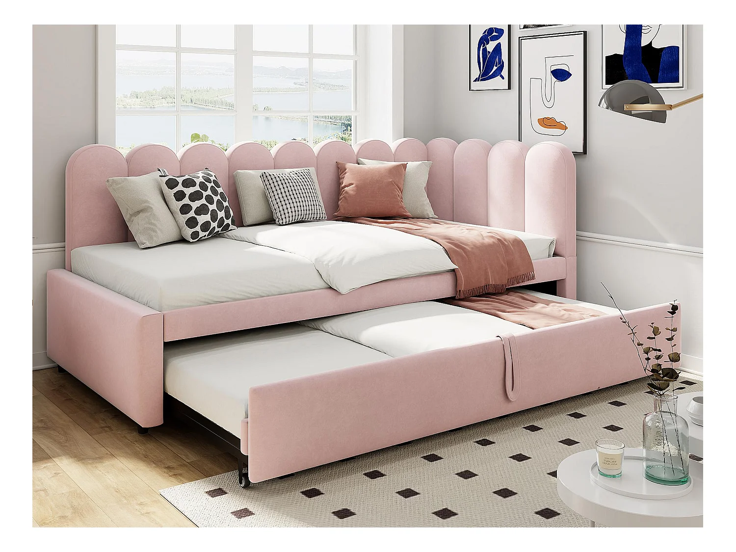 Schlafsofa 90x200 cm - mit Ausziehbett - Samt - rosa (Matratze nicht im Lieferumfang enthalten)