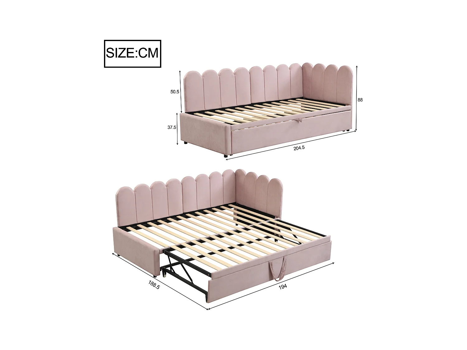 Schlafsofa 90x200 cm - mit Ausziehbett - Samt - rosa (Matratze nicht im Lieferumfang enthalten)