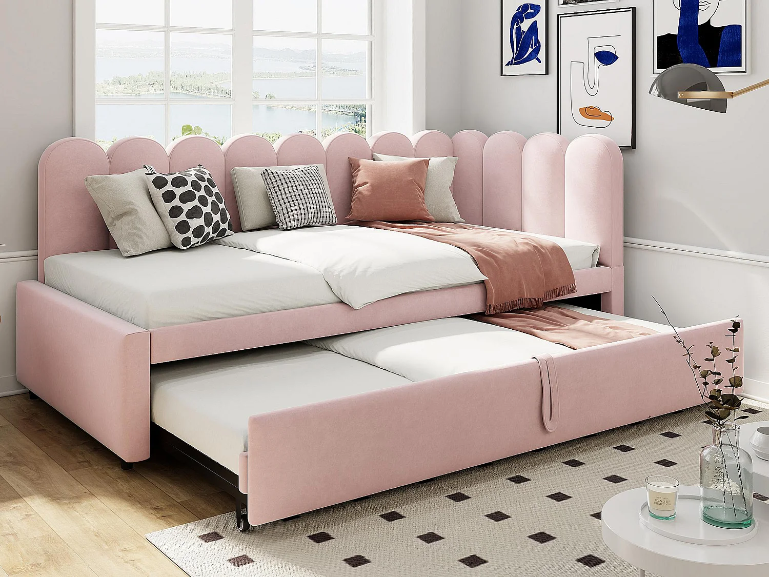 Slaapbank 90x200 cm - met opbergbed - fluweel - roze (matras niet inbegrepen)