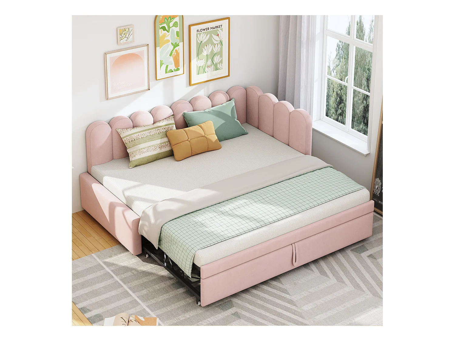 Slaapbank 90x200 cm - met opbergbed - fluweel - roze (matras niet inbegrepen)