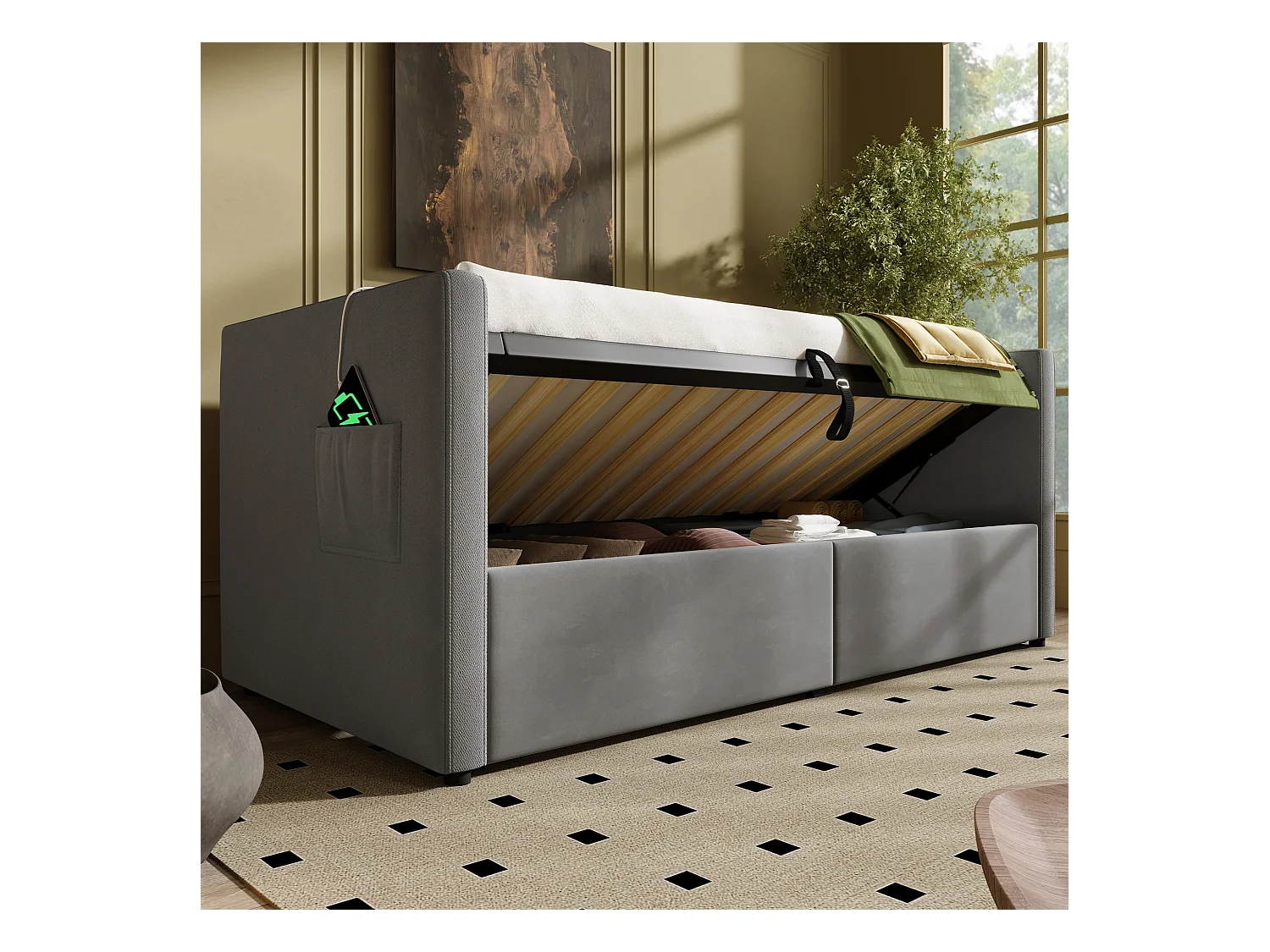 Gepolstertes Schlafsofa 90x200 cm - mit Stauraum - mit USB- und Type-C-Anschlüssen - Samt - Grau