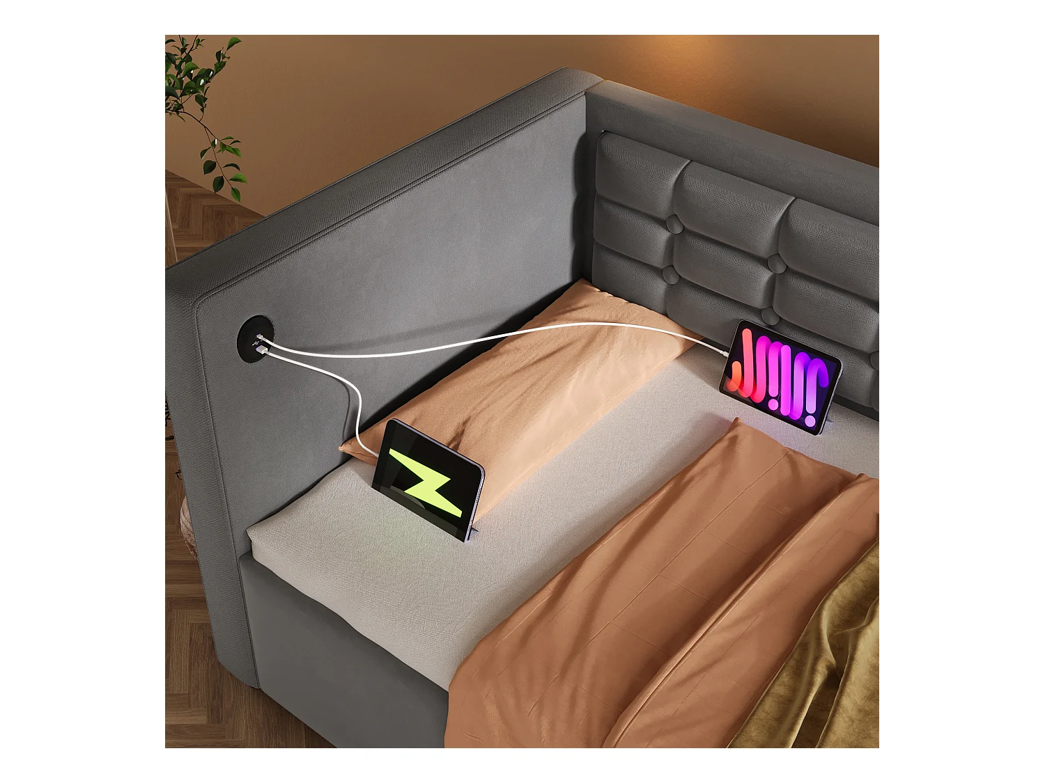 Gepolstertes Schlafsofa 90x200 cm - mit Stauraum - mit USB- und Type-C-Anschlüssen - Samt - Grau