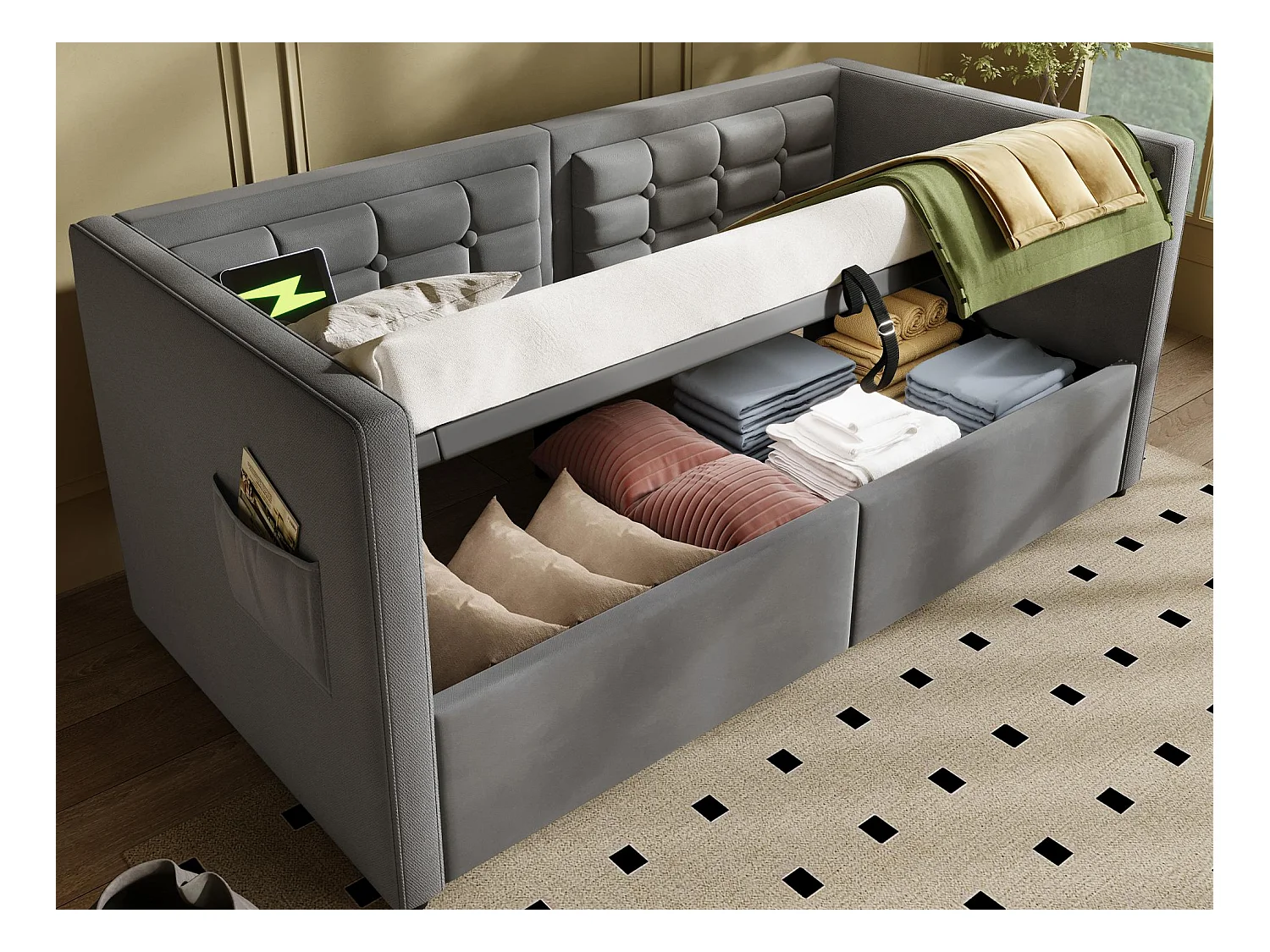 Lit banquette rembourré 90x200 cm - avec espace de rangement - avec USB et Type-C - velours - Gris