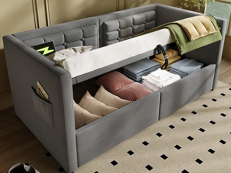 Lit banquette rembourré 90x200 cm - avec espace de rangement - avec USB et Type-C - velours - Gris
