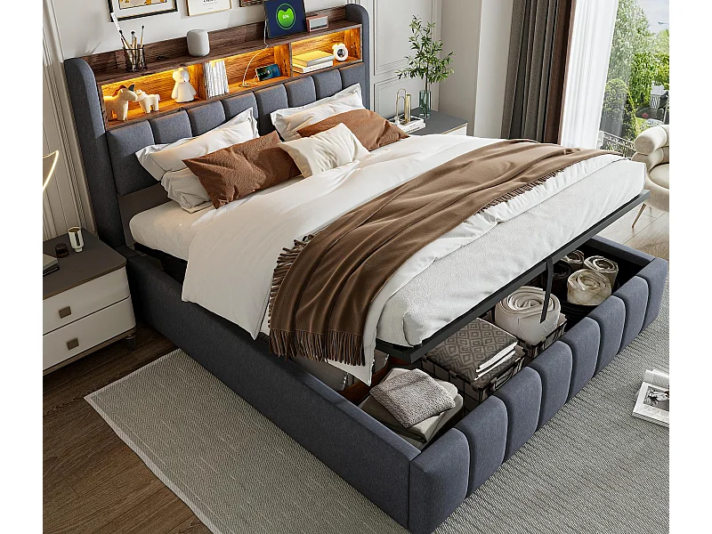 Lit coffre capitonné 180x200cm - avec éclairage LED + port USB - Lin - gris (sans matelas)