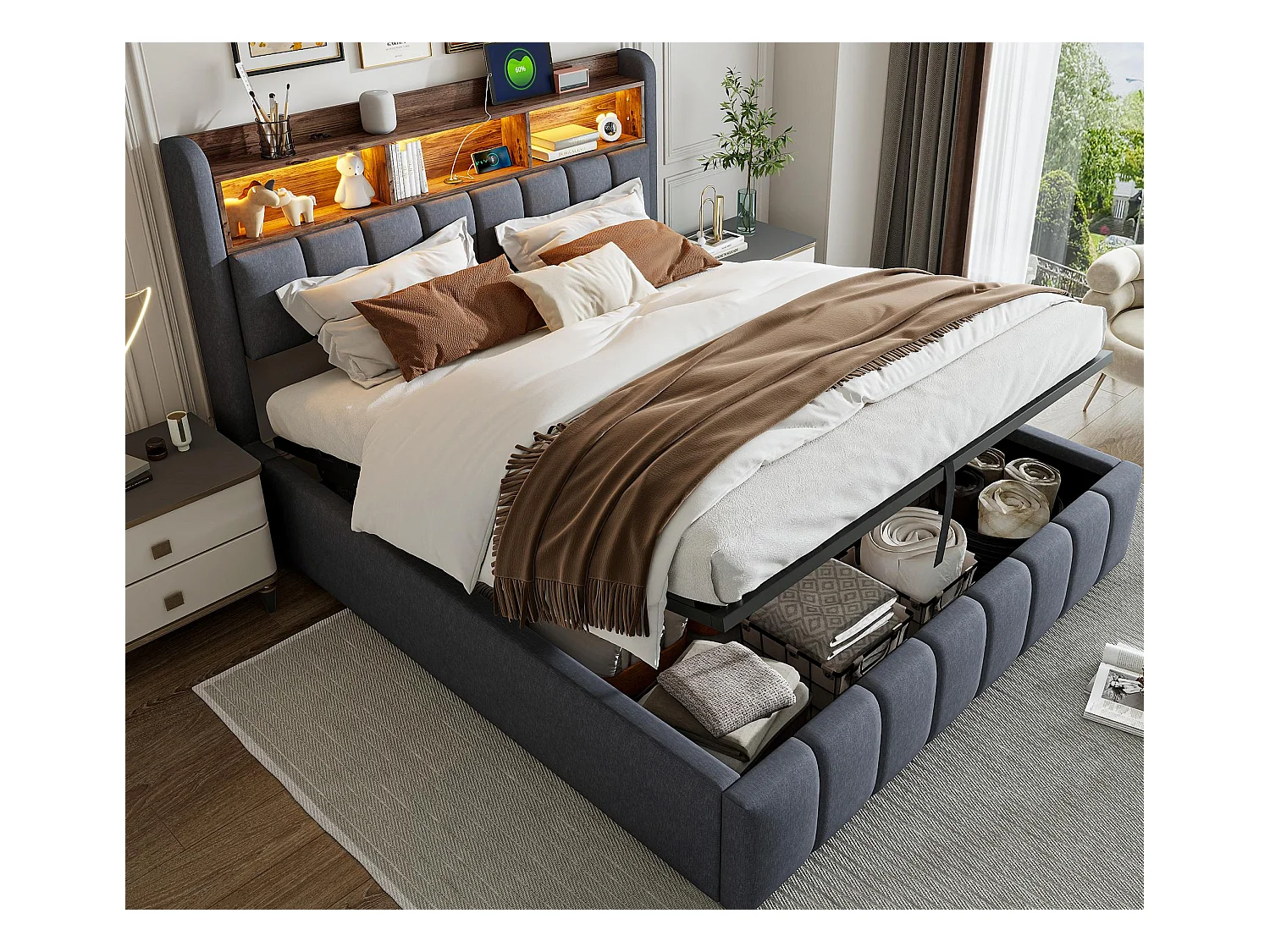 Letto contenitore imbottito 180x200 cm - con illuminazione LED + porta USB - Lino - grigio (senza materasso)