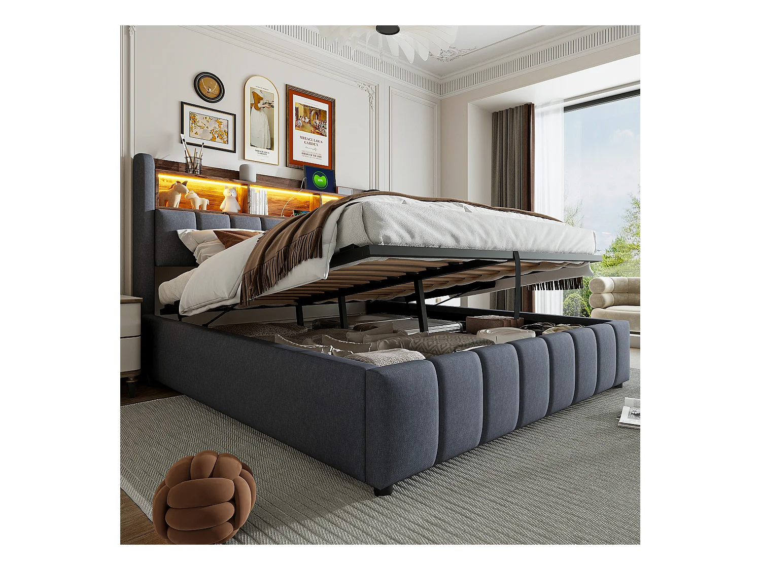 Letto contenitore imbottito 180x200 cm - con illuminazione LED + porta USB - Lino - grigio (senza materasso)