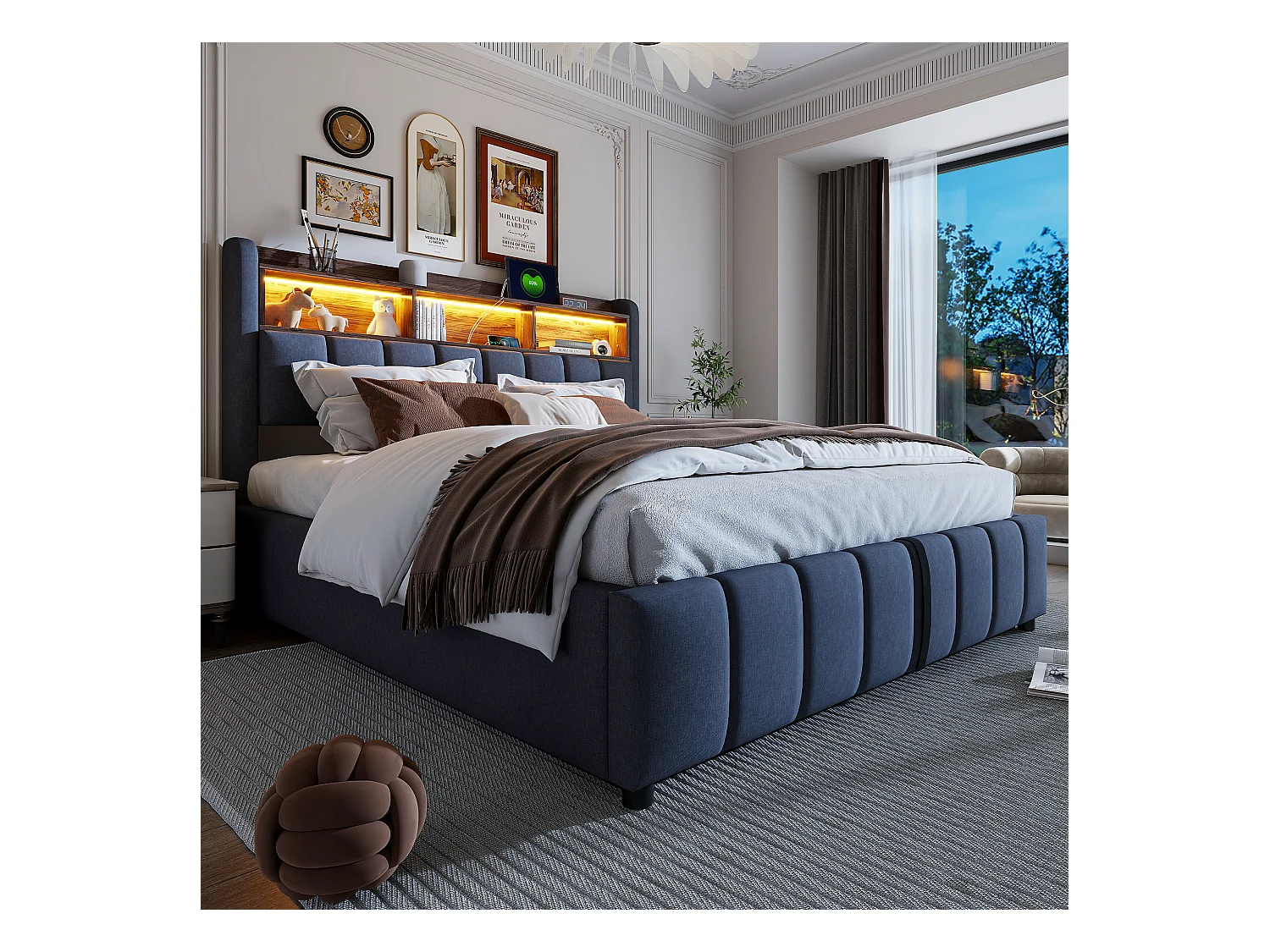 Letto contenitore imbottito 180x200 cm - con illuminazione LED + porta USB - Lino - grigio (senza materasso)