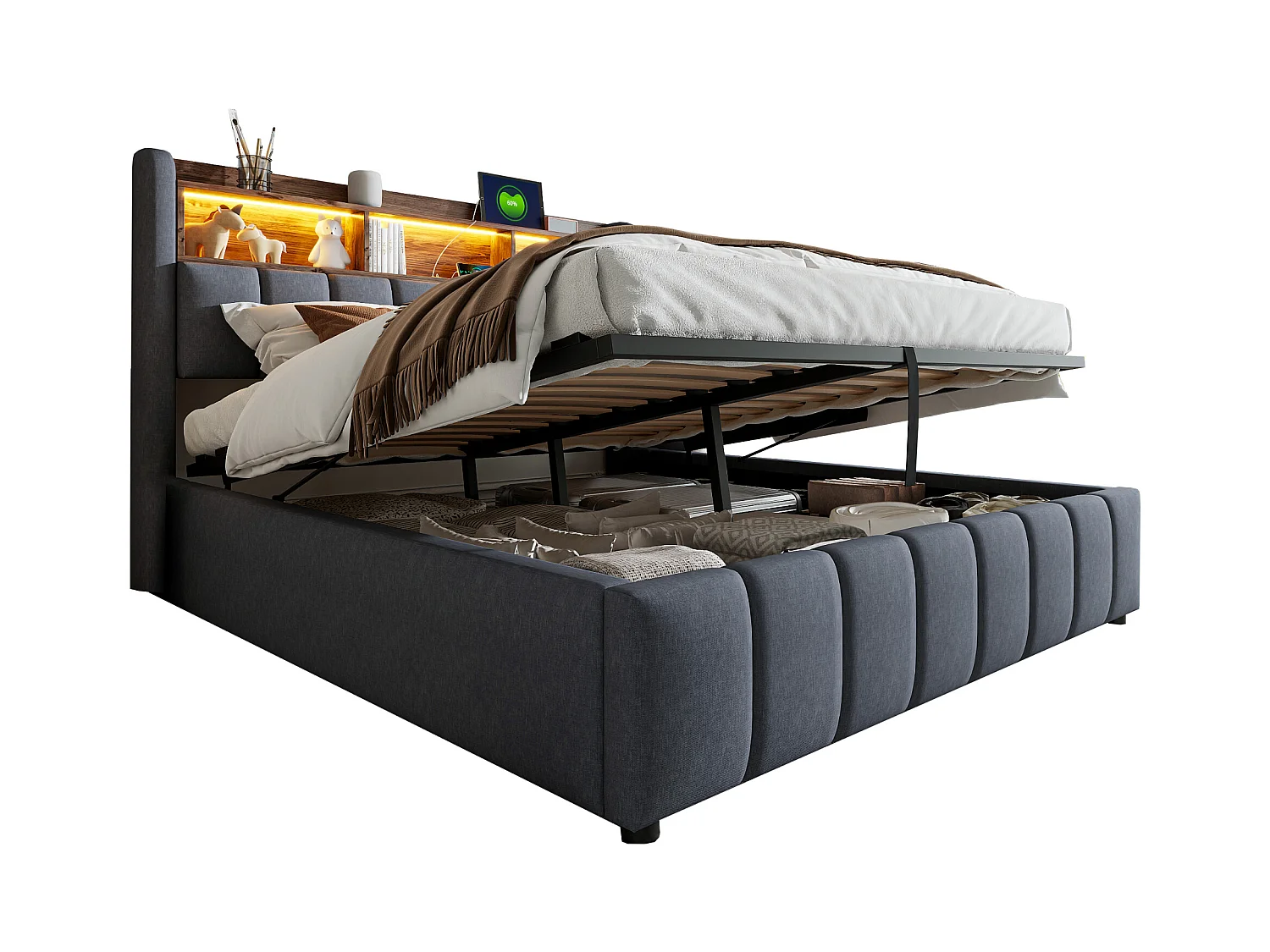 Letto contenitore imbottito 180x200 cm - con illuminazione LED + porta USB - Lino - grigio (senza materasso)