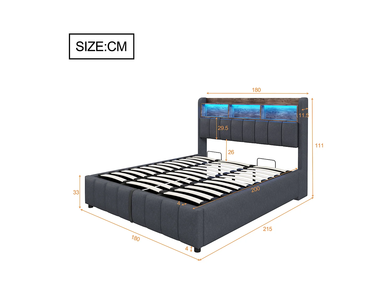Letto contenitore imbottito 180x200 cm - con illuminazione LED + porta USB - Lino - grigio (senza materasso)