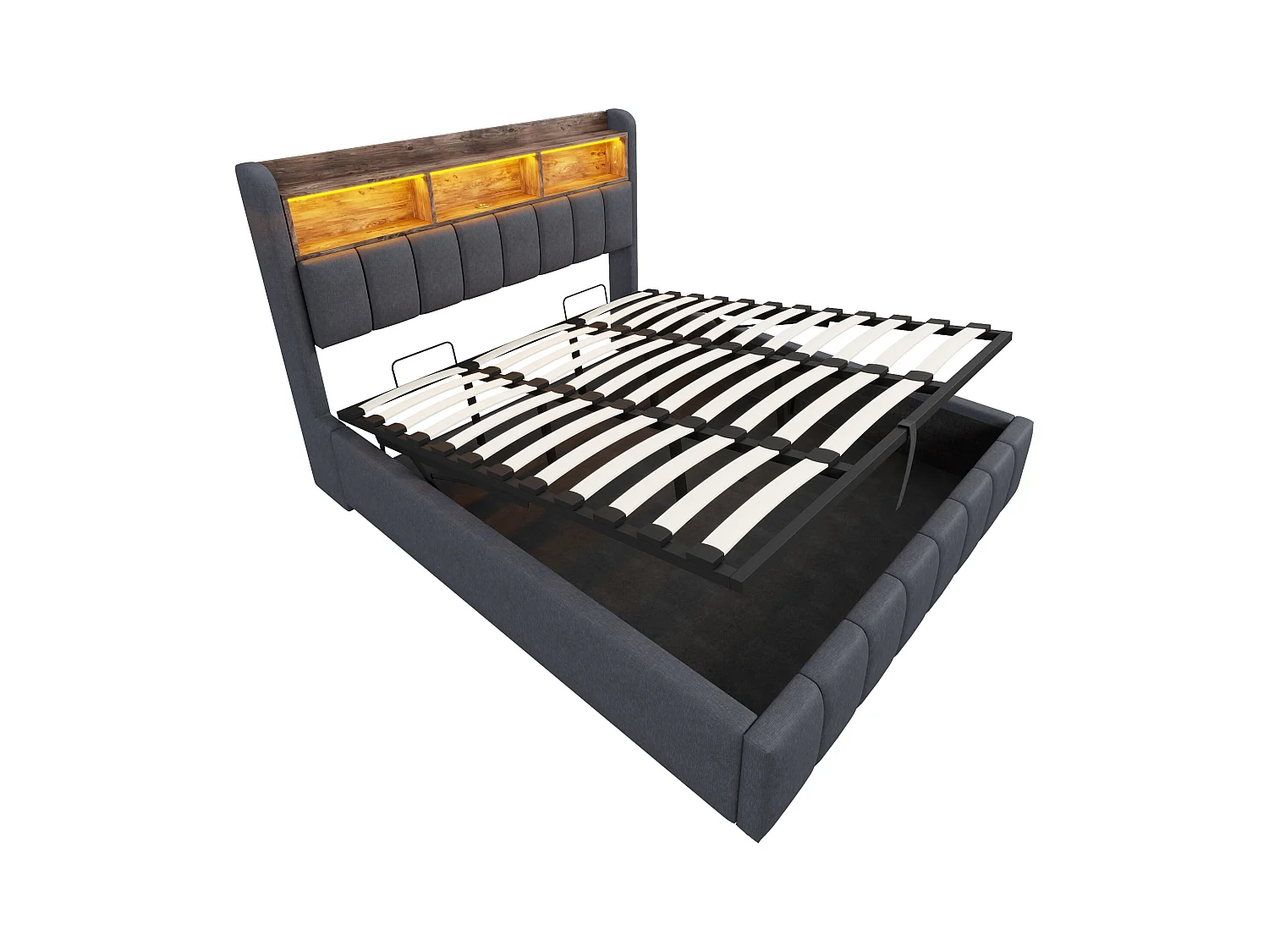 Letto contenitore imbottito 180x200 cm - con illuminazione LED + porta USB - Lino - grigio (senza materasso)