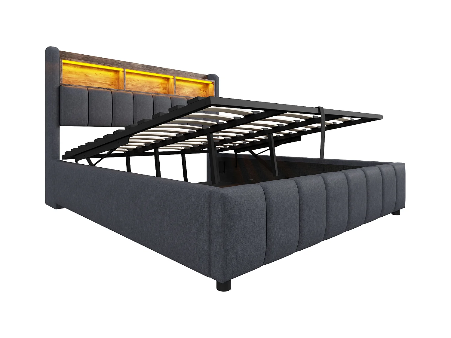 Letto contenitore imbottito 180x200 cm - con illuminazione LED + porta USB - Lino - grigio (senza materasso)