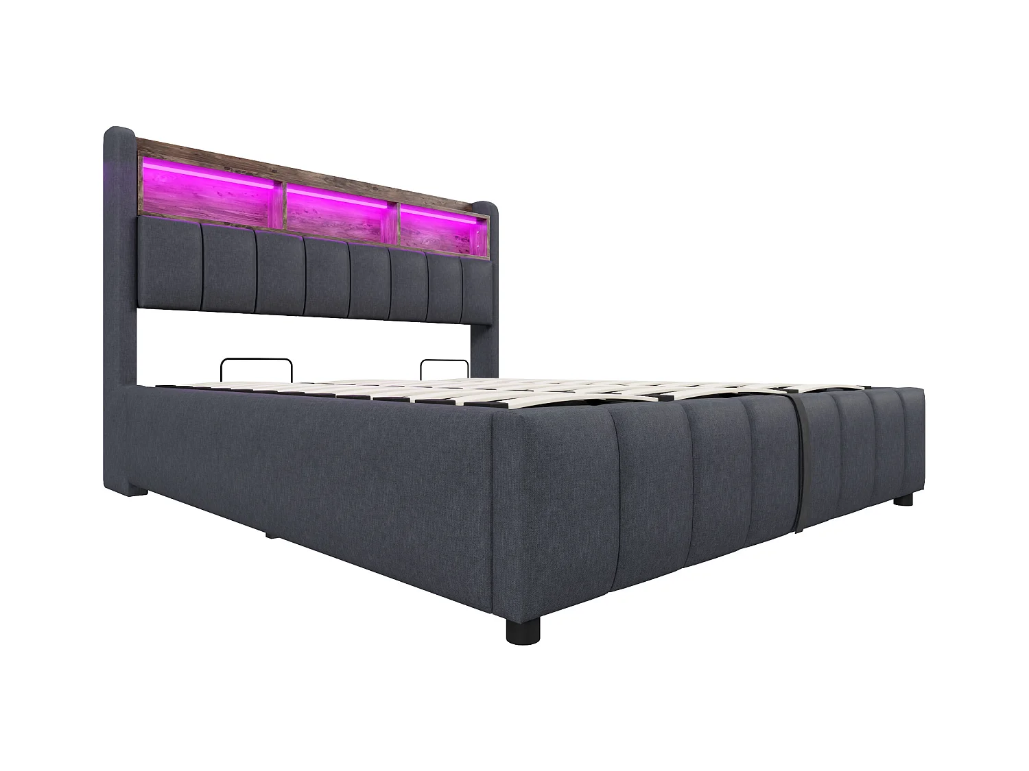 Letto contenitore imbottito 180x200 cm - con illuminazione LED + porta USB - Lino - grigio (senza materasso)