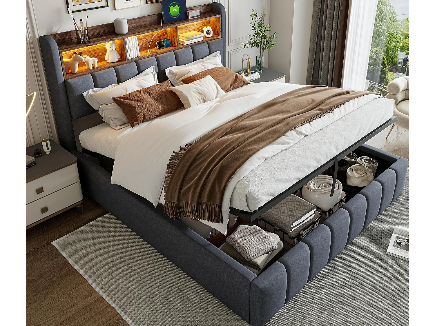 Lit coffre capitonné 180x200cm - avec éclairage LED + port USB - Lin - gris (sans matelas)