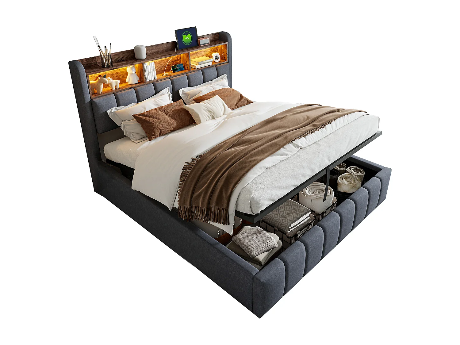 Lit coffre capitonné 180x200cm - avec éclairage LED + port USB - Lin - gris (sans matelas)