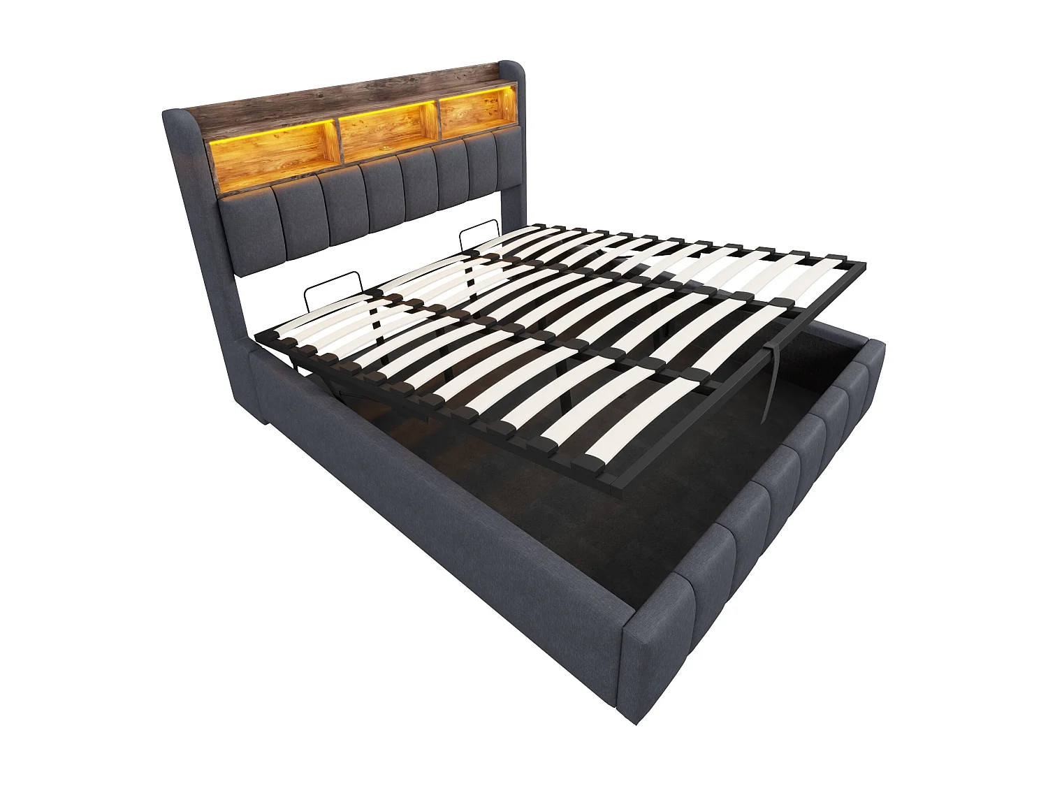 Lit coffre capitonné 180x200cm - avec éclairage LED + port USB - Lin - gris (sans matelas)