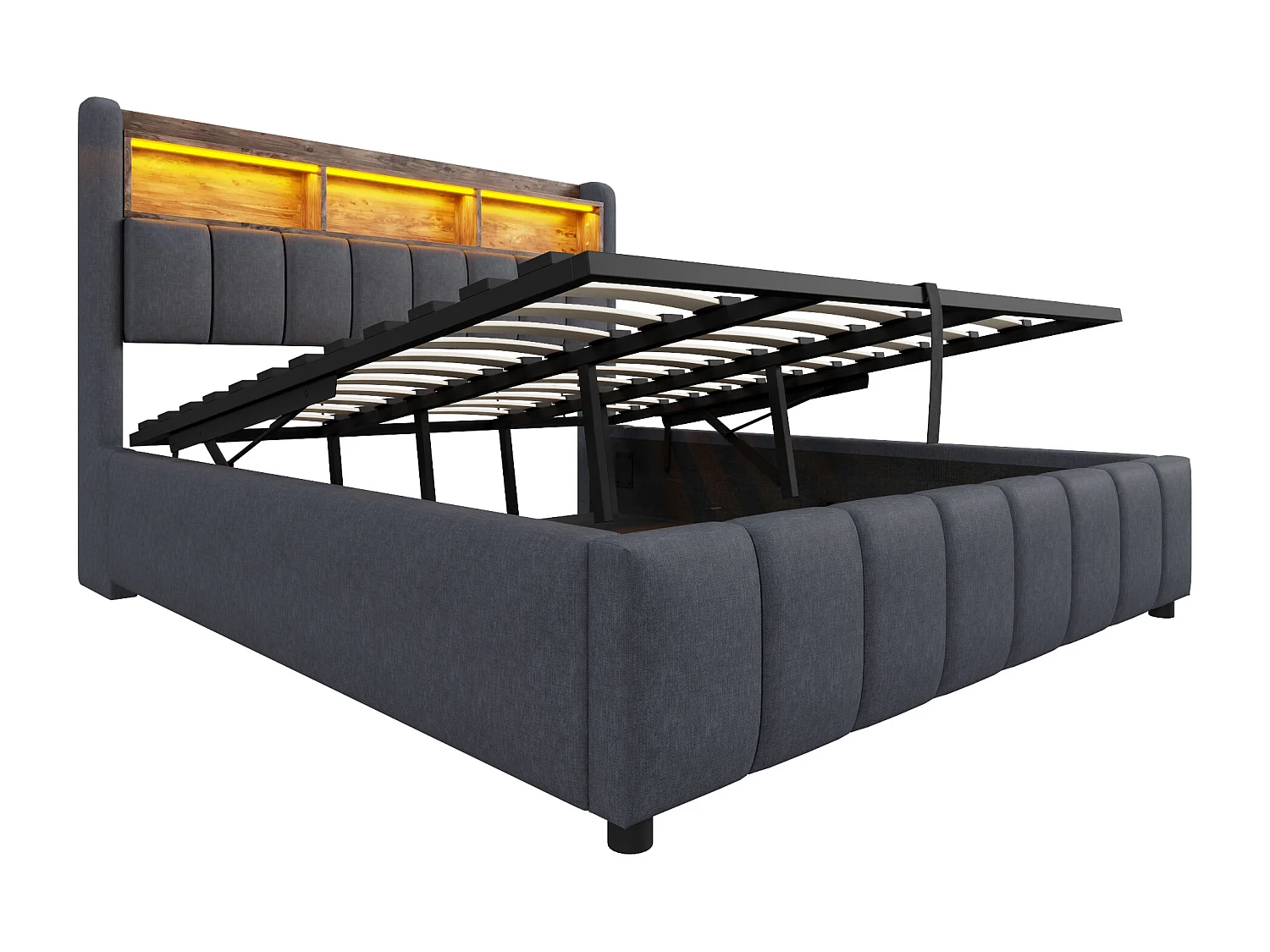 Lit coffre capitonné 180x200cm - avec éclairage LED + port USB - Lin - gris (sans matelas)