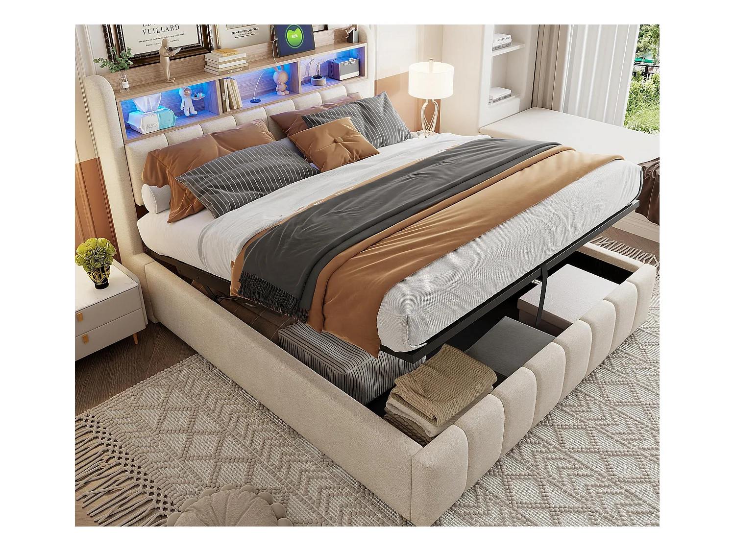 Opbergbed met stofferen hoofdeinde 180x200 cm - met LED-verlichting + USB-poort - Linnen - beige (zonder matras)